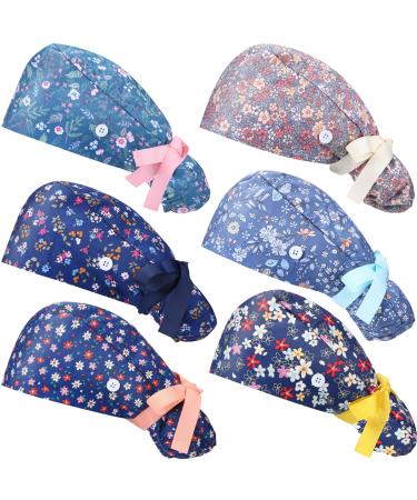 6 Pieces Adjustable Bouffant Cap with Button Women Long Hair Ponytail Hat (Floral Print)
