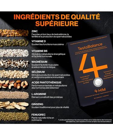 4 HIM TestoBalance - nergie et Fonction Musculaire - avec Zinc L-Arginine Ginseng et Fenugrec - 60 Comprim s V g taliens - Buy Online on GoSupps.com