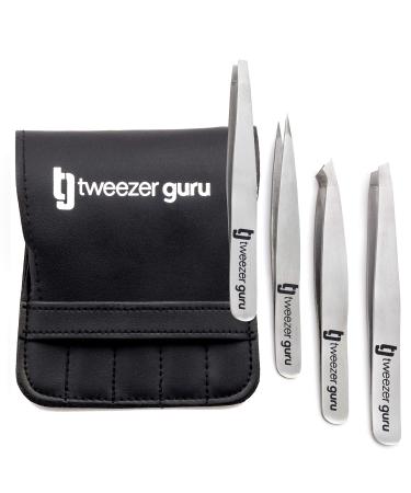 Tweezer Guru Eyebrow Tweezer Set for Women & Men - Professional Slant and Pointed Tweezers Set with Case - Precision Tweezers Kit for Facial Hair Splinter and Ingrown Hair Removal (4 PC-W) Silver