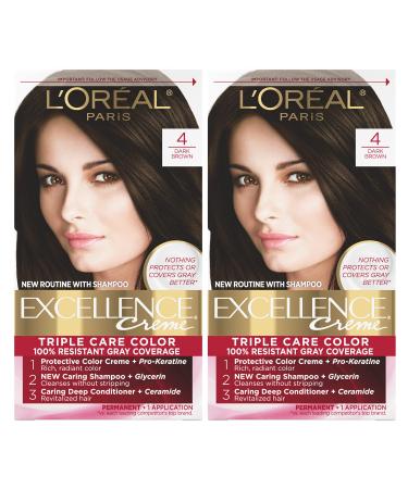 L'Oreal Paris Excellence Creme Permanent Hair Color  4 Dark Brown  100 percent Gray Coverage Hair Dye  Pack of 2 2 Count (Pack of 1) 4 Dark Brown