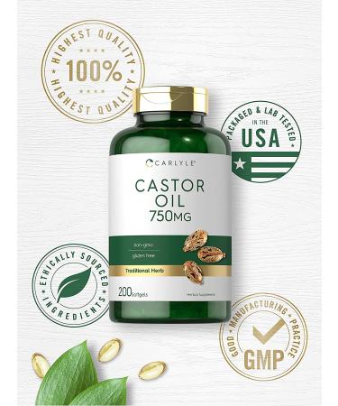 Castor Oil 750mg Softgels - 200 Pills | Non-GMO & Gluten-Free Herbal Supplement by Carlyle - Buy Online on GoSupps.com