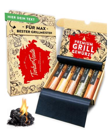 Timber Taste Grill Spices gift set men + own text - 5 exquisite BBQ grill spices including recipes - grill accessories Father's day gift for men - personalized gifts men grill gift set