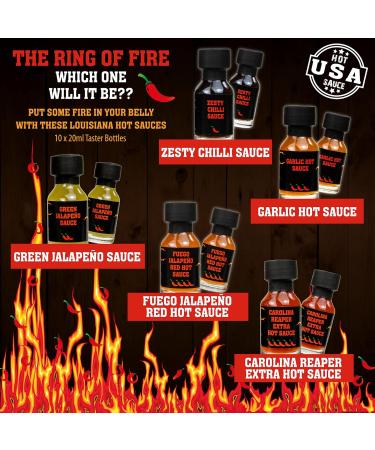 Ring of Fire Chilli Challenge Game Hot Sauce Gift Set - 10 x 20ml Including Carolina Reaper - Perfect Secret Santa & Novelty Gift - Buy Online on GoSupps.com