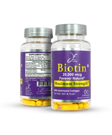 JE Natural Biotin Hair Skin and Nails Vitamins - 60 Capsules of 20000mcg Collagen Vitamin C Zinc - Faster Hair Growth Vitamins - Useful for Postpartum Hair Loss - Supplements for Women and Men