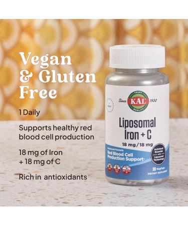 KAL Liposomal Iron Supplement with Liposomal Vitamin C Iron Supplement for Women and Men High Absorption Gentle Iron Pills Vegan Gluten Free 30 Servings 30 VegCaps - Buy Online on GoSupps.com