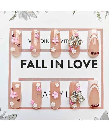 Square Press on Nails - Medium French White Tip 3D Butterfly & Flower Designs Rhinestones - Full Cover Acrylic False Nails for Women - 24Pcs - Buy Online on GoSupps.com