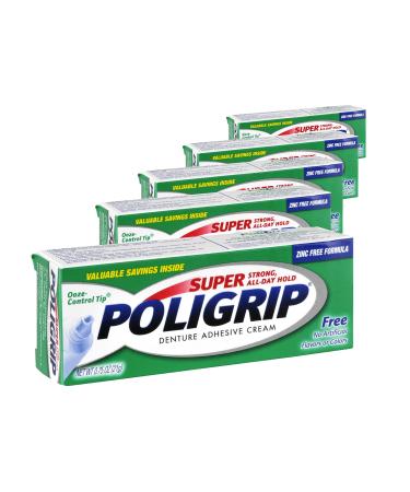 (5 Pack) Super Poligrip Denture Adhesive Cream - Strong, All-Day Hold - Zinc Free - No Artificial Flavors or Colors - 0.75 oz. ea.