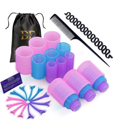 DEALFREE.24 33 PCS Hair Rollers Set | 18 Self Grip Velcro Rollers for hair Volume (45+35+25mm) 12 Curl Clips 1 Tail Comb & 1 Braid Device | Large Hair Rollers with Clips for Effortless Curling