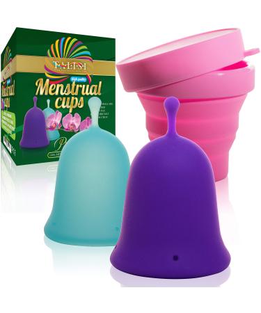 Talisi Menstrual Cups Set of 2 with Collapsible Silicone Sterilizer - Super Soft Reusable Period Kit - for Regular Heavy Flow (Small & Large) - Best Tampon and Pad Alternative Feminine Hygiene Copa Large & Small (Pack of 2) Bell-shaped