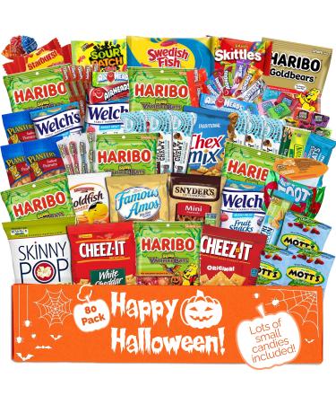 Halloween Care Package Snack box (80) Candy Snacks Assortment Trick or Treat Cookies Food Bars Toys Variety Gift Pack Box Bundle Mixed Bulk Sampler for Children Kids Boys Girls College Students Office