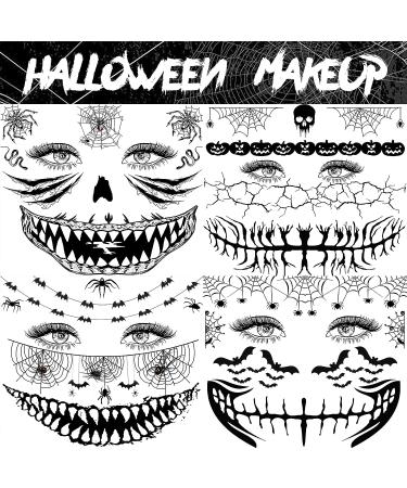 Scary Halloween Face Temporary Tattoos - 4 Sheets for Women, Men, Kids, and Adults | 3D Witch, Zombie Makeup Kit | Dia de los Muertos Face Tattoos with Spider Web, Bat, and Scar Designs - Buy Online on GoSupps.com