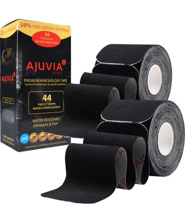 AJUVIA Kinesiology Tape (2 Rolls, 44 Strips Precut, 2" x 10") - Lasts up to 14 Days - Latex Free - Waterproof Athletic Tape - Elastic Sports Tape (Black) 2-roll, Black