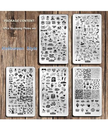 Halloween Nail Art Stamping Plates Set - 5pcs Spider Ghost Pumpkin Bat Design, Stainless Steel Manicure Print Tool for Gel Polish - Festive Nail Stamping Kit - Buy Online on GoSupps.com