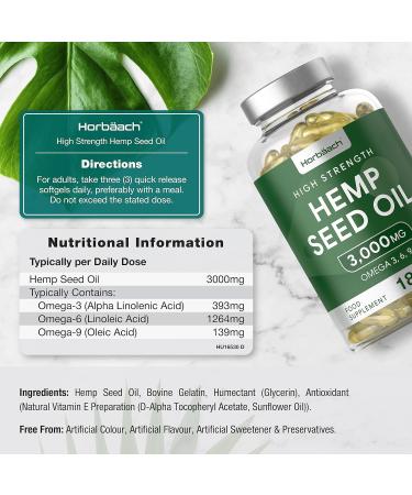 Hemp Seed Oil Capsules | 180 Count | 3000mg | High Strength | Cold Pressed Supplement with Omega 3 6 and 9 | by Horbaach - Buy Online on GoSupps.com