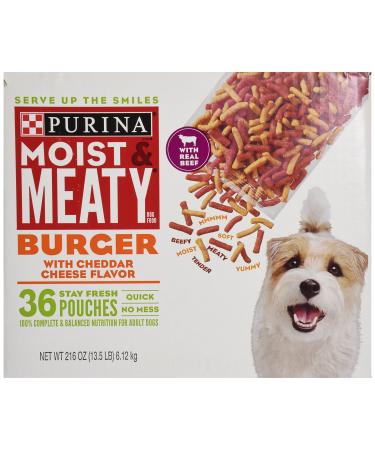 Purina Moist & Meaty Dog Food, Burger with Cheddar Cheese Flavor, 36 Pouches, 6 oz each