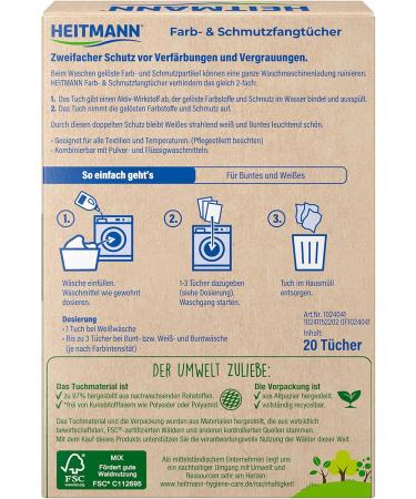Heitmann Double Active Color & Dirt Catchers - 20 FSC-Certified Laundry Sheets | Plastic-Free Protection Against Coloring & Graying - Buy Online on GoSupps.com