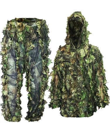 AYIN Ghillie Suit for Men, Hunting Suits for Men, 3D Leaf Bush Gillie Suit Camo for Turkey Hunting, Woodland Gilly Suits, Hooded Gillies for Men or Youth Camo Hunting Suits 2XL/3XL Green Leaf