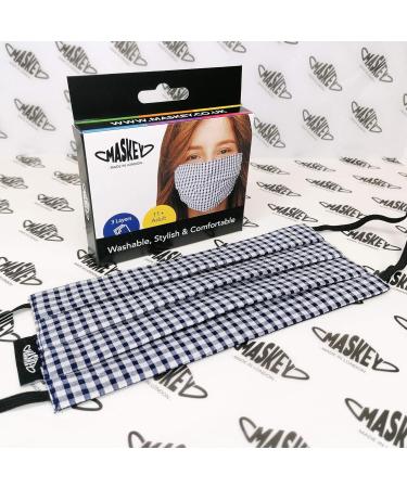 Navy Gingham Washable Reusable Face Mask | 3 Layers Blended Cotton | Unisex & Stylish | Made in London UK | Lasts 100+ Washes - Buy Online on GoSupps.com