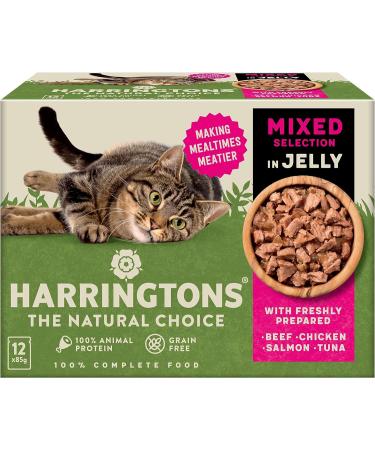 Harringtons Complete Wet Pouch Grain Free Hypoallergenic Adult Cat Food Mixed in Jelly Pack 72x85g - Beef Chicken Salmon & Tuna- Making Mealtimes Meatier Harringtons Grain Free Mixed Selection in Jelly Wet Cat Food 72x85g Beef Chicken Salmon & Tuna - Buy Online on GoSupps.com