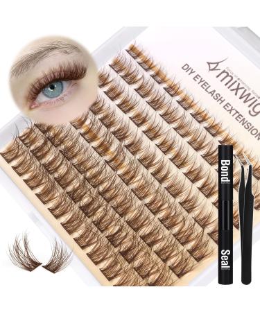 Brown Lashes Clusters Kit Natural Eyelash Extension Fluffy Brown Lash Extensions CC Curl Individual Lashes Kit with 8-16MM Brown Lash Clusters Lash Bond and Seal & Lash Applicator 49-C-BROWN