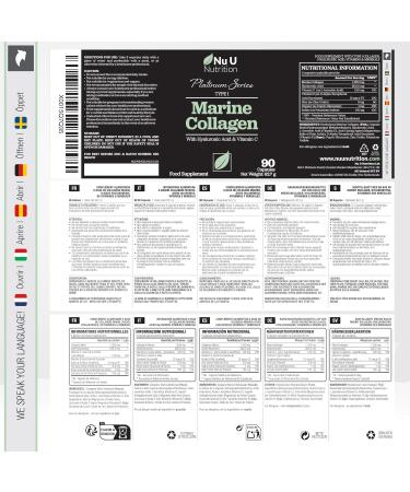 Marine Collagen with Hyaluronic Acid Vitamin C - 90 Hydrolyzed Capsules (not Tablets) - Premium High Strength Collagen Supplements for Women & Men - Type 1 Marine Collagen - Nu U Nutrition - Buy Online on GoSupps.com