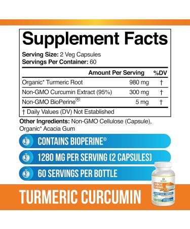Organic Turmeric Curcumin with BioPerine & 95% Curcuminoids - 120 Non GMO Veggie Capsules by SolaGarden Naturals - Buy Online on GoSupps.com