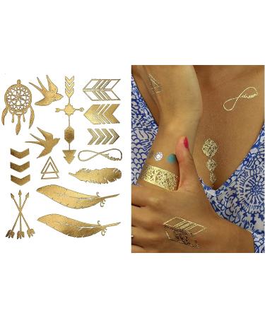 Gold Metallic Temporary Tattoos - 75+ Geometric Henna Designs Moon Stars Arrows Feathers - Waterproof, Non-toxic, Long Lasting - Ideal for Beach, Festivals & More! - Buy Online on GoSupps.com