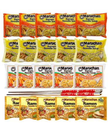 Ja Cor Instant Ramen Noodles Soup Variety Pack (5) Chicken (5) Creamy Chicken (5) Roast Chicken (5) Picante Chicken Flavor 3 oz Bundle with 1-Set Reusable Stainless Steel Chopsticks(Pack of 20)