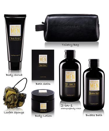 YARD HOUSE Men's Spa Gift Set - Sandalwood & Amber - 7Pcs Bath and Body Kit with Body Wash, Bubble Bath, Bath Salt, Lotion, Scrub, Loofah, and Toiletry Bag - Buy Online on GoSupps.com