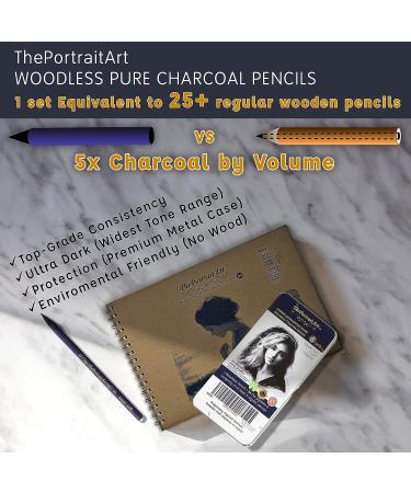 ThePortraitArt Woodless Pure Charcoal Pencils - Ultra Soft & Dark 6pc Set, Equivalent to 25+ Regular Pencils for Smooth Consistency on All Drawing Papers - Buy Online on GoSupps.com