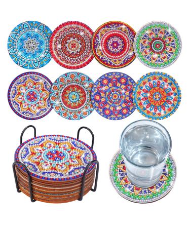 BSRESIN 8 Pcs Coasters with Holder  Mandala DIY Diamond Art Crafts for Adults  Small Diamond Painting Kits Accessories