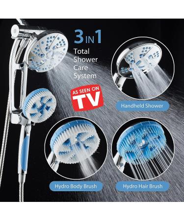 High Pressure 6-in-1 Aquassage by AquaCare - 76-mode 3-way Combo  Showerhead  Hand Shower  Body Brush  Hair Brush & Arm in One! Two Brackets  Extra-long 6 foot Stainless Steel Hose  Brush Head Holder All-chrome - Buy Online on GoSupps.com