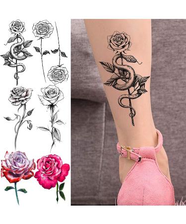 Black Sketch Rose & Snake Temporary Tattoos for Women - Waterproof Sexy Red Rose & Crescent Moon Tattoo Sticker Kit - Buy Online on GoSupps.com
