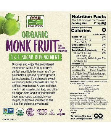Now Foods Organic Monk Fruit 1-to-1 Sugar Replacement - 1 lb (454 g) | Natural Sweetener - Buy Online on GoSupps.com