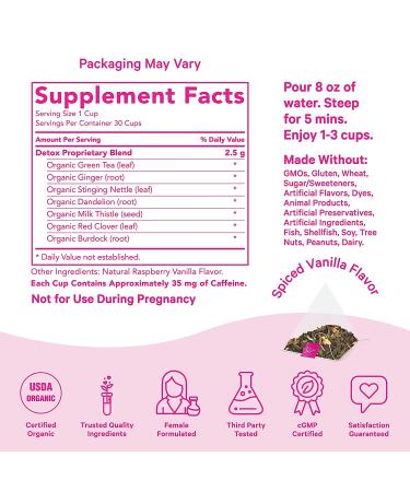 Organic Vanilla Spice Detox Tea for Women | Weight Loss + Bloating Relief | Green Tea + Dandelion | 30 Cups - Buy Online on GoSupps.com