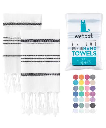 WETCAT Turkish Hand Towels with Hanging Loop (20 x 30) - Set of 2, 100% Cotton, Soft - Prewashed Unique Boho Farmhouse Kitchen Towels - Black and White Hand Towels for Bathroom Decor Black & White