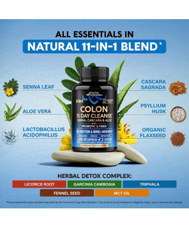 Colon Cleanse - 15 Day Cleanse for Women & Men - Senna | Cascara | Garcinia Cambogia | Probiotics & Fiber - Digestion & Detox - Debloating & Bowel Movement - Natural & Vegan - Made in USA 30 Capsules - Buy Online on GoSupps.com