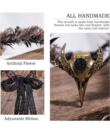 MOSTORY Handmade Brown Feather Crown - Gothic Flower Headpiece Elf Moon Cirlet with Crow Skull Dark Woodland Headband for Women Witch Renaissance Halloween Cosplay Goth Wedding - Buy Online on GoSupps.com