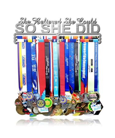 Lapetale Fashion Medal Hanger Holder Display Wall Rack Frame Shelf-Medal Hanger Awards Ribbon Cheer Gymnastics Soccer Softball Holder Display Custom Rack for 60 Medals Easy to Install Silver 16 Inches Long with gift Box Package