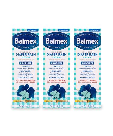 Balmex Complete Protection Baby Diaper Rash Cream with Zinc Oxide + Soothing Botanicals, 4 Oz, Pack of 3