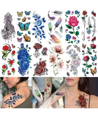 56 Colorful Rose Flowers Feather Butterfly Temporary Tattoos for Women - Sexy Floral Blossom Tattoo Sticker Kit - Buy Online on GoSupps.com