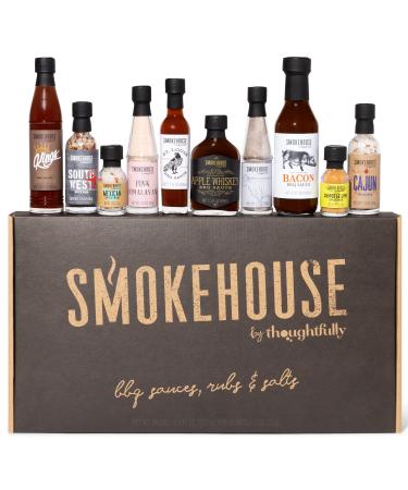Smokehouse by Thoughtfully, Ultimate BBQ Sampler Set, Vegan and Vegetarian, Includes a Variety of Flavorful USA Made BBQ Sauces, Rubs, and Salts for Smoking and Grilling in Sample Size Glass Bottles