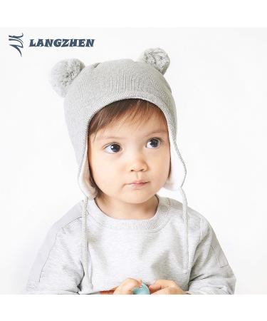 LANGZHEN Toddler Kids Winter Hat | Earflap Knit Cap for Baby Boys Girls 6-12 Months | Fleece Lined Beanie - Grey - Buy Online on GoSupps.com