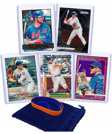 Pete Alonso Baseball Cards (5) ASSORTED New York Mets Trading Card and Wristbands Gift Bundle