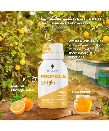 BEE and You 100% Natural Propolis Extract Shot Immune Support Supplement Antioxidants Vitamin C D3 Zinc Orange Juice Raw Honey 50 ml 12 Pack for Men and Women - Buy Online on GoSupps.com