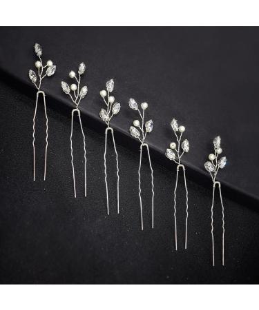 Bridal Hair Pins - 6PCS Silver Wedding Hair Accessories  Fanvoes Vintage Rhinestone Crystal Leaves Hair Pieces Headpiece Jewelry Hair Down for Mother of Bride Brides Bridesmaid Women Flower Girls
