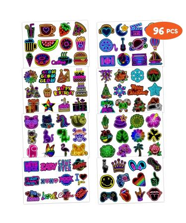 Neon Temporary Tattoos 96 PCS - Cute Birthday Party Decorations & Favors for Kids | 8 Sheets Tattoo Stickers - Perfect for Children's School Gifts & Rewards - Buy Online on GoSupps.com