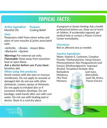 Green Lady Hemp Roll On - Instant Cooling Menthol for Pain Relief - 3 fl oz (1 Pack) - Buy Online on GoSupps.com