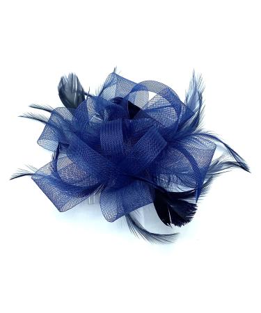 Looped Feather Comb Fascinator for Women Ladies Day Races Ascot Weddings Hair Piece (Navy Blue)