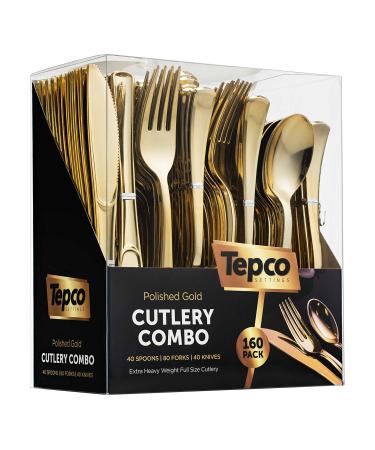 160 Plastic Silverware Set - Plastic Cutlery Set - Disposable Flatware - 80 Plastic Forks, 40 Plastic Spoons, 40 Cutlery Knives Heavy Duty Silverware for Party Bulk Pack (Gold)